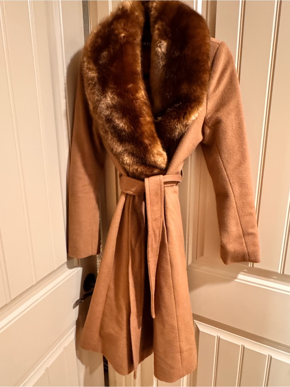 Ralph Lauren Camel Wrap Trench Coat with Faux-Fur Shawl Collar